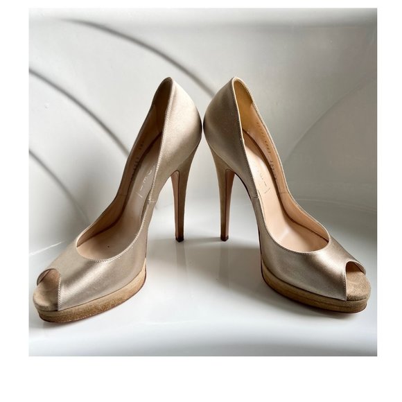 Casadei Champagne Satin Platform Peep Toe Pumps - Picture 3 of 9